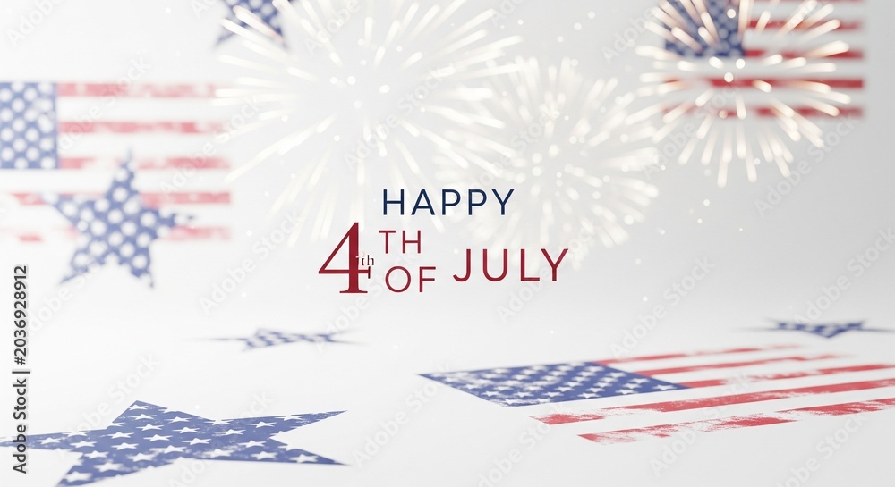 Fototapeta premium Happy 4th of July greeting with American flags and stars scattered on a white background with blurred fireworks and bokeh lights, festive patriotic celebration concept