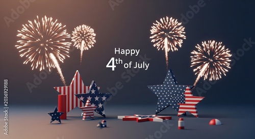 Happy 4th of July patriotic stars and stripes fireworks celebration graphic design with festive red white and blue elements and exploding pyrotechnics in a dark background setting