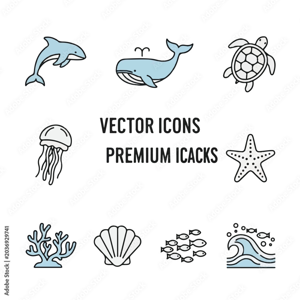 Obraz premium Sea creatures and ocean icons set.