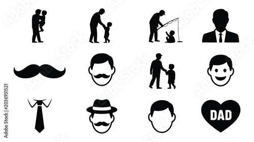 Tableau sur toile Father day icons set black silhouette dad beard family vector illustration
