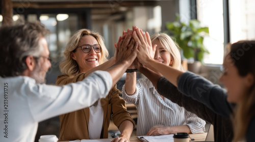 Mental health workplace teamwork high five colleague office meeting Happy colleague group high five workplace office meeting supporting mental