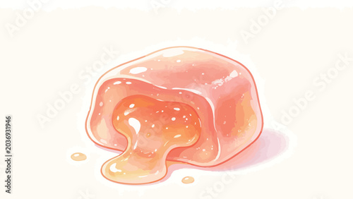 Whimsical hand-drawn watercolor illustration of a bitten peach-orange mochi, with glossy syrupy filling dripping out, sparkly sugary translucent texture on clean off-white background