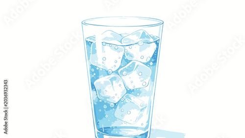 Soft Watercolor Illustration of Clear Glass Tumbler Filled With Floating Ice Cubes in Sparkling Cold Water, Clean Minimalist White Background, Pale Cool Blue Palette