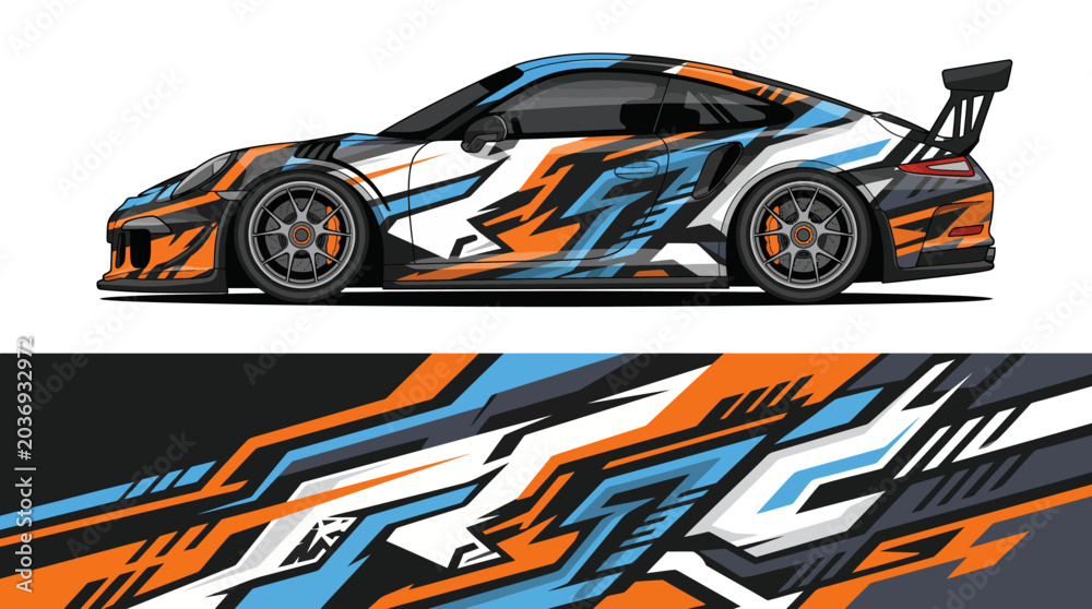 Obraz premium Colorful Racing Car with Dynamic Pattern Design.