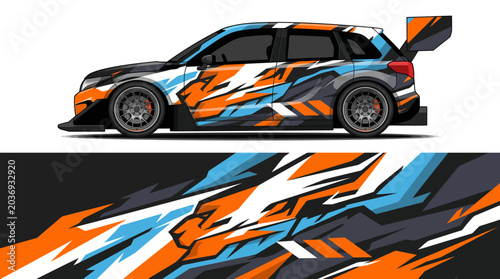 Fotografía Colorful racing car with dynamic graphic design.