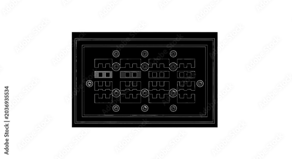 Fototapeta premium Minimal black silhouette icon, simple flat vector, bold black shape, no, no shading technical schematic drawing of a rectangular connector patch panel plate on a, flat icon style