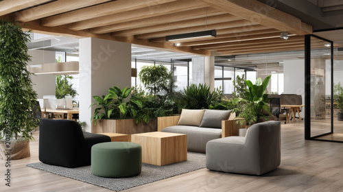 Modern office interior workplace lounge indoor plant natural light wood ceiling mental health
