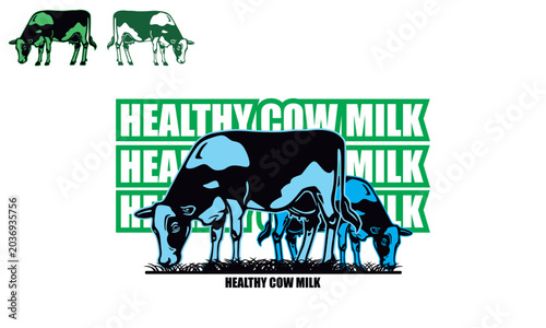 COWMILK HEALTHY CATTLE LOGO, silhouette of smart cow grassing in farm vector illustration