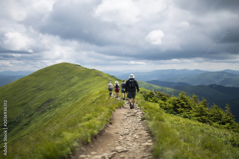 Obraz premium Group of hikers walking on mountain ridge trail