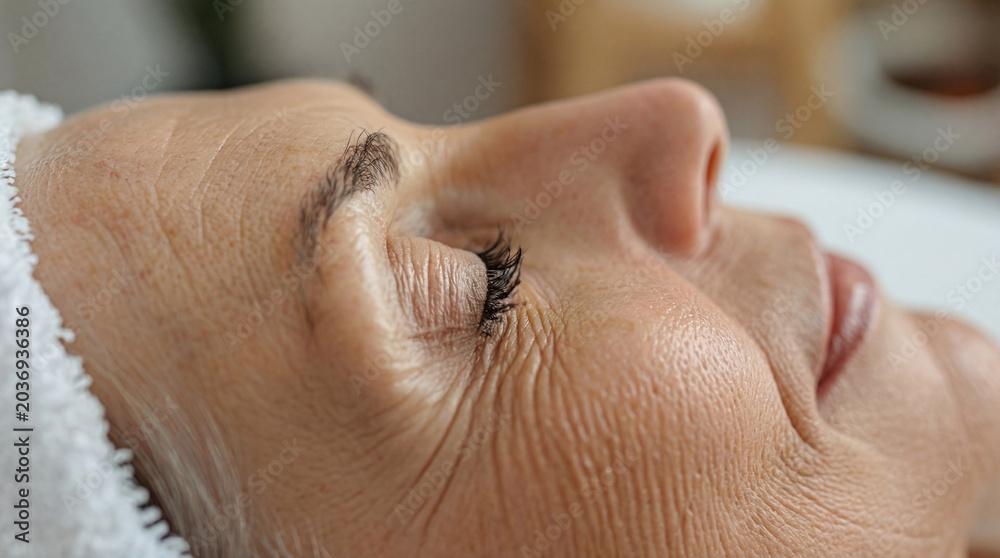 Naklejka premium Close up profile of senior woman face relaxing at spa