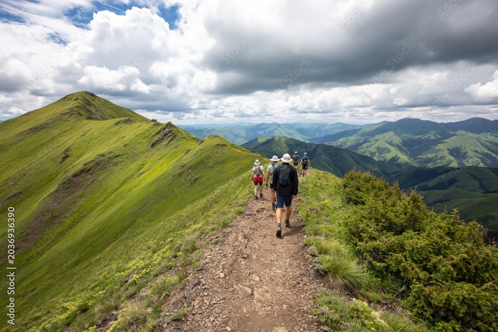 Obraz premium Group of hikers walking a trail on green mountain ridge