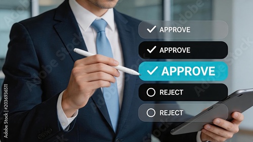 Business executive approving digital interface on tablet with stylus, showcasing decision making, authorization and technological workflow in corporate management and