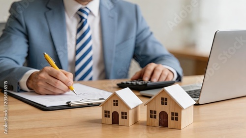Professional businessman signing house contract at desk with laptop and calculator, depicting real estate transaction, property investment and legal agreement process in modern