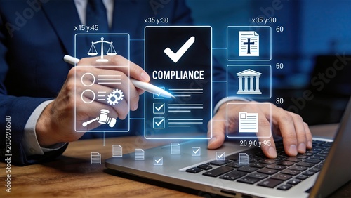 Business professional checking compliance checklist on digital interface, legal regulations, corporate governance, audit process, risk management and business law concept with
