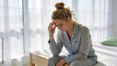 Sad young woman sitting on bed in morning holding head, suffering from headache or migraine pain, feeling stressed and depressed at home, mental health concept.
