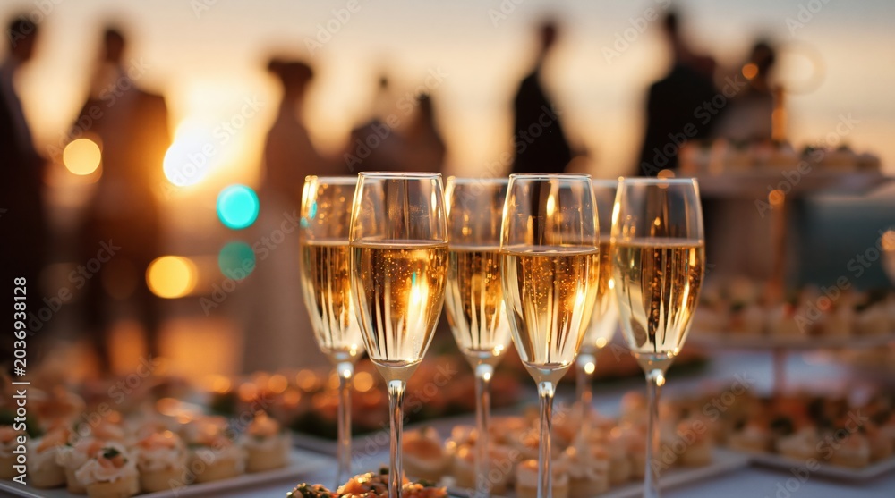 Fototapeta premium Champagne glasses and appetizers at sunset party, bokeh lights, blurred guests