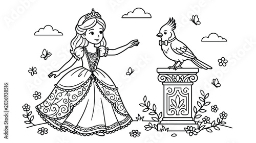 Cuadro en lienzo Little princess in a ball gown with a fancy bird on a pedestal coloring book pag
