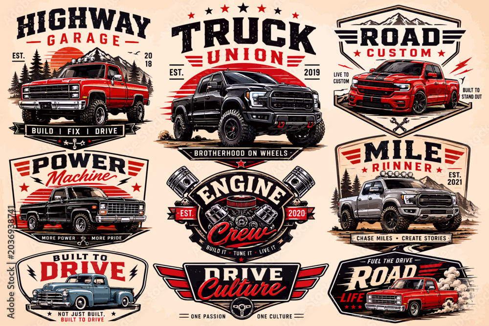 Obraz premium A collection of vintage and modern truck-themed graphic emblems featuring various pickup trucks, off-road vehicles, and classic cars with automotive slogans and distressed textures.
