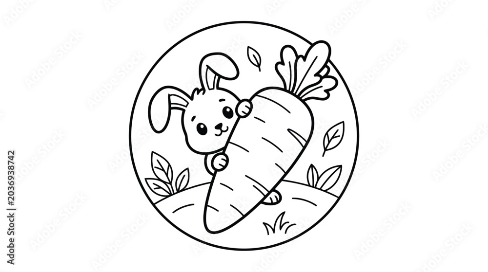 Fototapeta premium Cute Cartoon Bunny Rabbit Holding a Large Carrot Coloring Page for Kids Black and White Outline