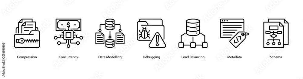 Konstfotografi Data Architecture web banner icon vector illustration featuring Compression, Concurrency, Data Modelling, Debugging, Load Balancing, Metadata, and Schema