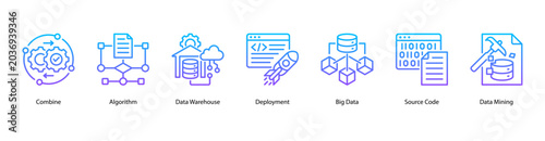 Foto Data Systems web banner icon vector illustration featuring Combine, Algorithm, Data Warehouse, Deployment, Big Data, Source Code, and Data Mining
