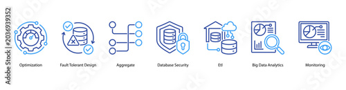 Fotografie Data Analytics web banner icon vector illustration featuring Optimization, Fault Tolerant Design, Aggregate, Database Security, ETL, Big Data Analytics, and Monitoring