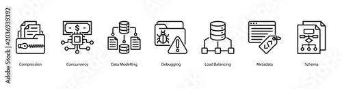 Konstfotografi Data Architecture web banner icon vector illustration featuring Compression, Concurrency, Data Modelling, Debugging, Load Balancing, Metadata, and Schema