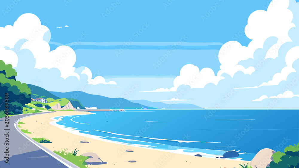 Obraz premium 青い海と砂浜を描いた夏の海岸風景イラスト 爽やかな旅行イメージ