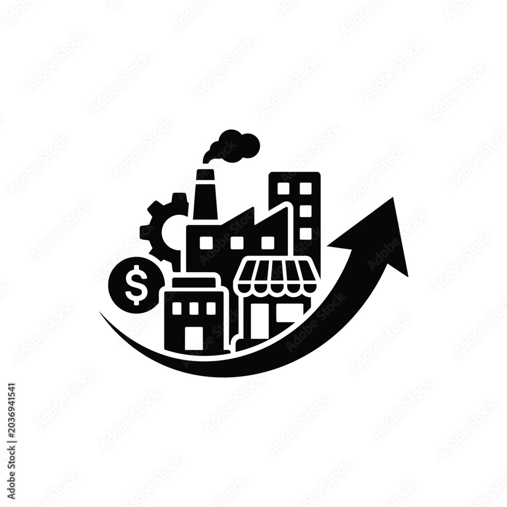 Fototapeta premium A growing industrial scene with factory buildings and a rising arrow symbolizes business success.