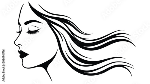 Woman face profile line art with long flowing hair and closed eyes for beauty and hair salon.