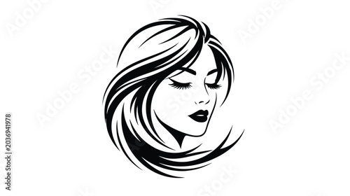 Beautiful Woman Face with Long Flowing Hair Logo for Hair Salon and Beauty Spa Line Art Design