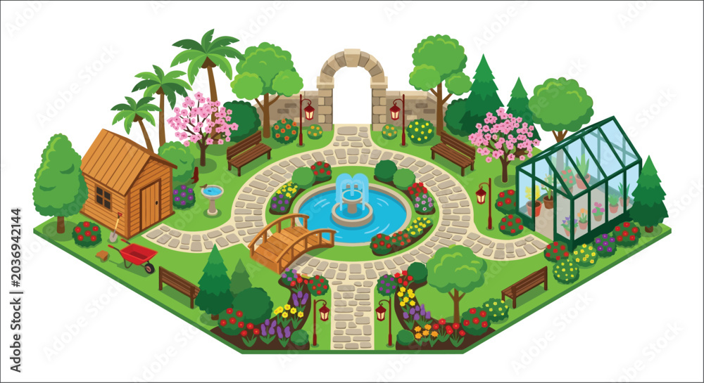 Fototapeta premium Isometric garden scene with fountain greenhouse and shed colorful vector illustration