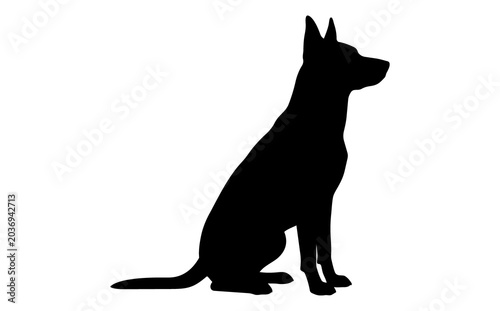 Black silhouette of a sitting dog with pointed ears on white background side view