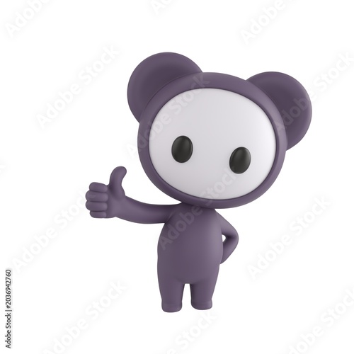 Cute 3D render Black Little Monster character giving a thumbs up with one hand while the other hand rests on the hip, confident and friendly mascot style, isolated on white background.