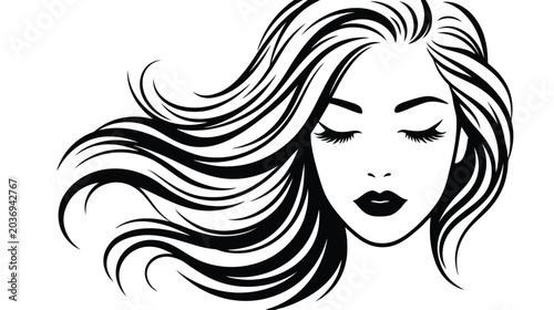 Photos Beautiful woman face with long flowing wavy hair vector illustration for beauty