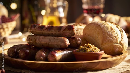 Hearty Grilled Sausages, Crusty Bread, and Zesty Mustard Served on a Warm, Festive Table.