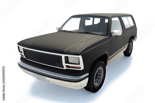 Photography 3D render of a generic classic 1990s style sport utility vehicle (SUV) with a tw