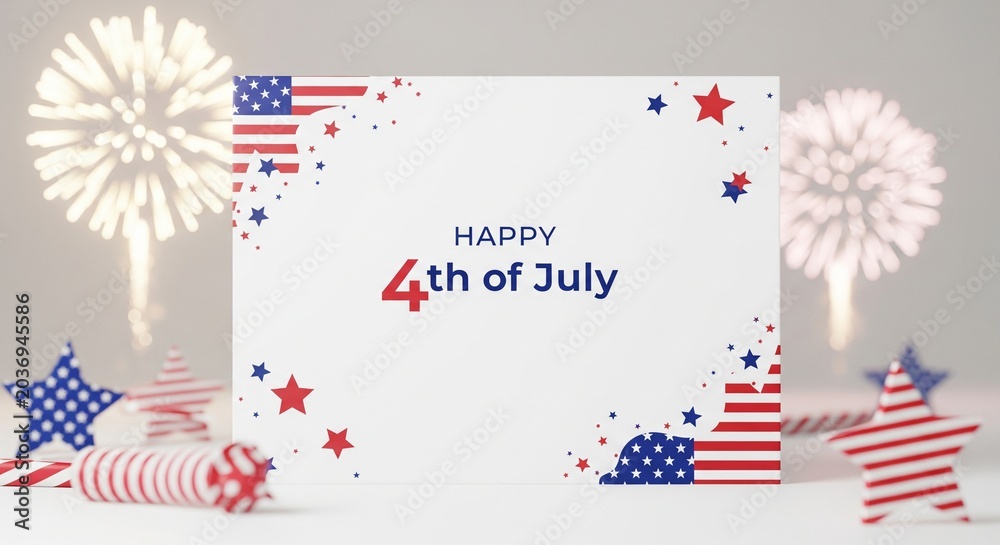 Obraz premium Happy 4th of July greeting card with American flag elements and fireworks in the background, festive patriotic celebration concept, bright and celebratory atmosphere, digital art illustration