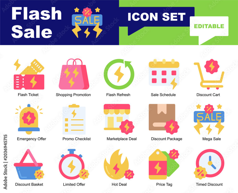 Fototapeta premium Flash Sale icon set. Vector symbols for Sale, Shopping , Promotion, Discount , Cart, Promo, Marketplace, Package, Mega Sale