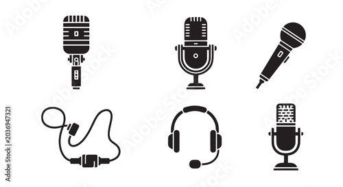 Quadro su tela Microphones and Audio Equipment Black and White Icon Set