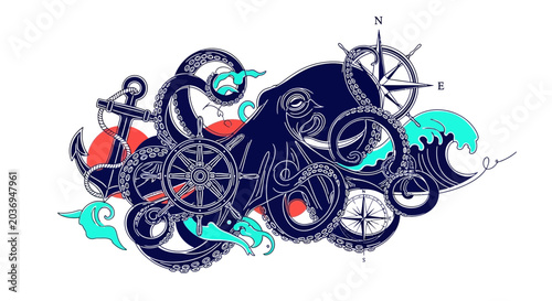 Octopus, Anchor, Ship Wheel, Compass, Waves - Nautical Tattoo Style Illustration