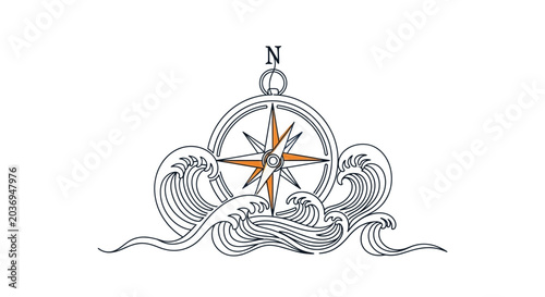 Compass rose and ocean waves illustration, nautical navigation concept