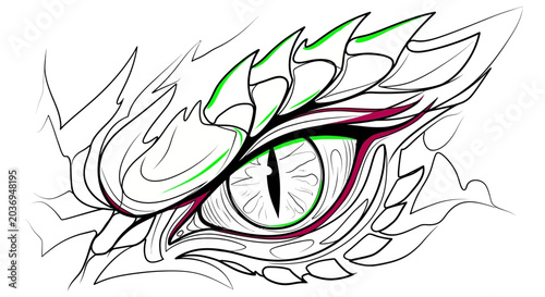 Fantasy Dragon Eye Illustration - Green and Purple Accents, Fierce Gaze