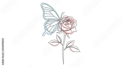 Delicate Rose and Butterfly Wing Illustration - Soft Pink and Blue Watercolor Sketch
