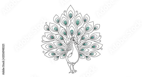Elegant Peacock Illustration with Fanned Tail Feathers, Outline Art