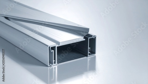 Close-up of a cut open, rectangular metallic profile, displaying its internal structures and external contours. A matching panel partially covers the opening