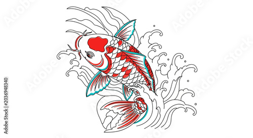 Japanese Koi Fish Illustration with Waves - Traditional Tattoo Style