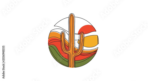 Stylized Desert Landscape with Saguaro Cactus and Sunset