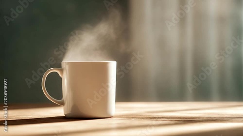 Steaming coffee cup on wooden table in soft light