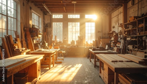 Sunlit Woodworking Workshop with Tools and Lumber.
